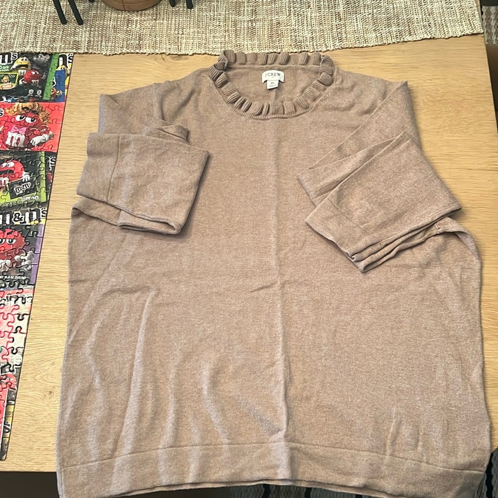 J Crew tan light sweater with scallop neck line!